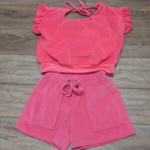 Women’s Pink Velour Hoodie Crop Top & Shorts Set